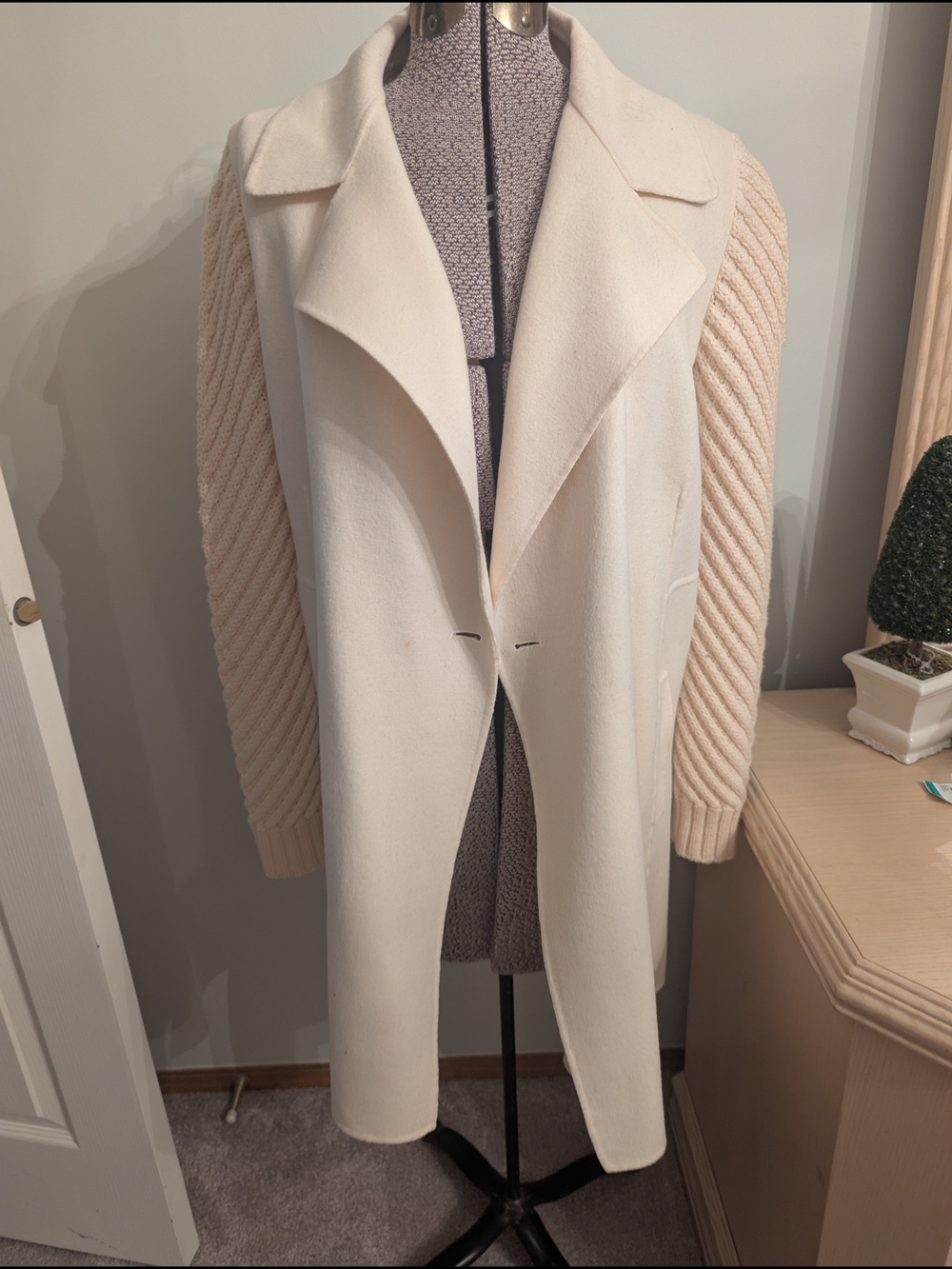 Vince Cream Wool Blend Coat with Knitted Sleeves
